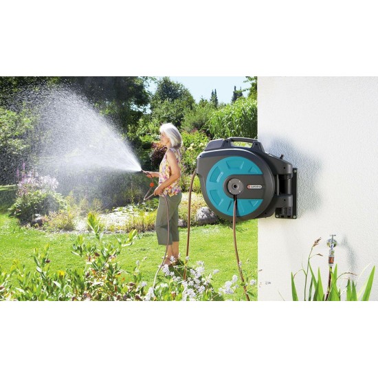 GARDENA Retractable Battery Operated Hose Reel 115-feet With Convenient Guide