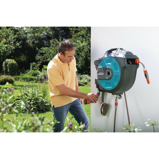 GARDENA Retractable Battery Operated Hose Reel 115-feet With Convenient Guide