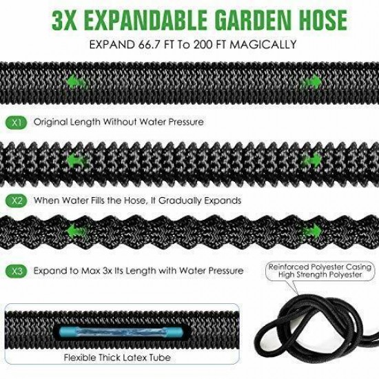 200 ft Flexible and Expandable Garden Hose - Strongest Triple Latex 200ft Black