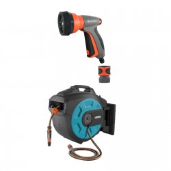 Gardena Wall Mnt Automatic Hose 82Ft Reel Box w/ Gardena 7-in-1 Water Spray Gun