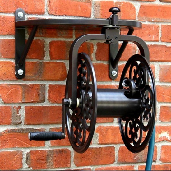 Outdoor Water Hose Reel Garden Wall Mount 360 Rotating Yard Metal 125 ft Storage