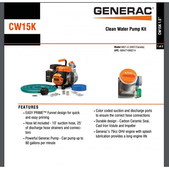 1.5 inch Clean Water Pump with Hose Kit Generac 6821 NEW FREE SHIPPING