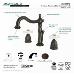 Kingston Brass KB1975PX Heritage Widespread Lavatory Faucet With Porcelain Cross Handle Oil Rubbed Bronze