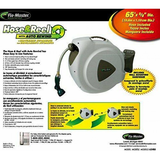 Flo-Master 65HR8 Retractable Hose Reel, 65 Feet, Brown