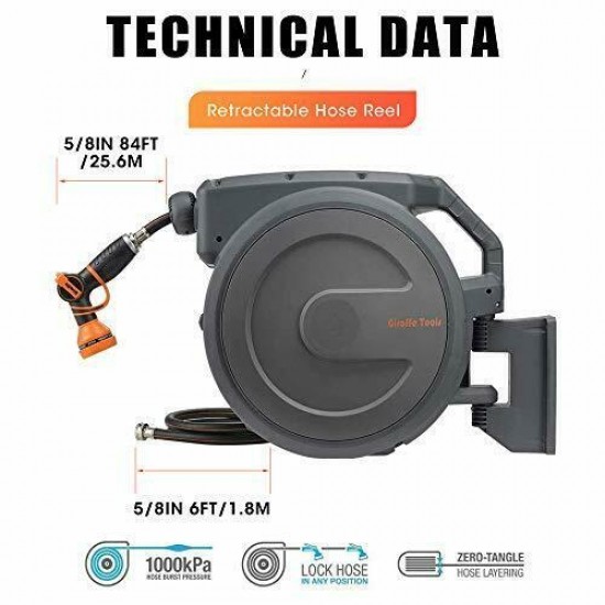 Giraffe Hose Reel, 5/8“×90’ Wall Mounted Retractable Garden Hose Reel with 9 Pat