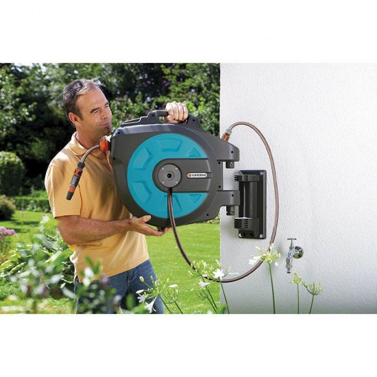 Gardena Comfort 115 Foot Wall Mounted Retractable Swivel Garden Hose Reel Box