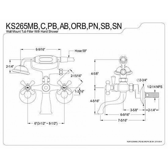 KS265MB Kingston 6-Inch Adjustable Centers Wall Mount Tub Filler, Matte Black