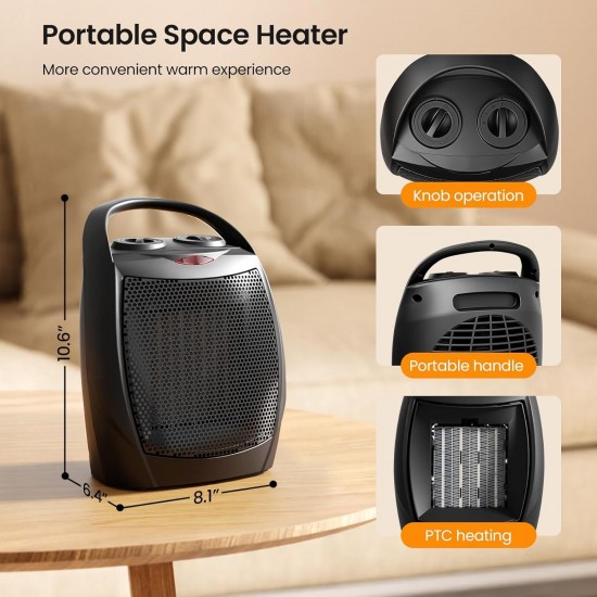 Small Electric Space Heater Ceramic Space Heater,With Adjustable Thermostat and Overheat Protection