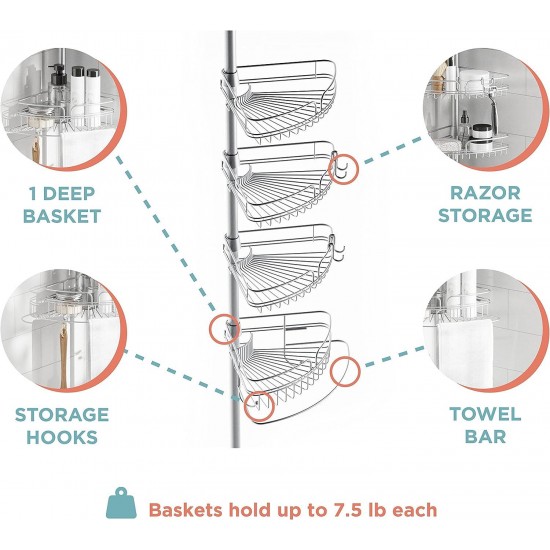 Zenna Home Rust-Resistant Corner Shower Caddy for Bathroom, 4 Adjustable Shelves