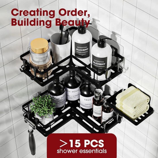 Sakugi Shower Caddy - 3 Piece Set, Corner Shower Shelves with Hooks & Soap Holder